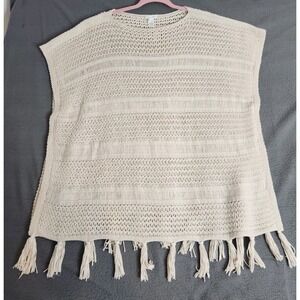 J.Jill Crochet Open Knit‎ Beachy Kimono Cover Up Fringe Tasseled Beige Sz M/L